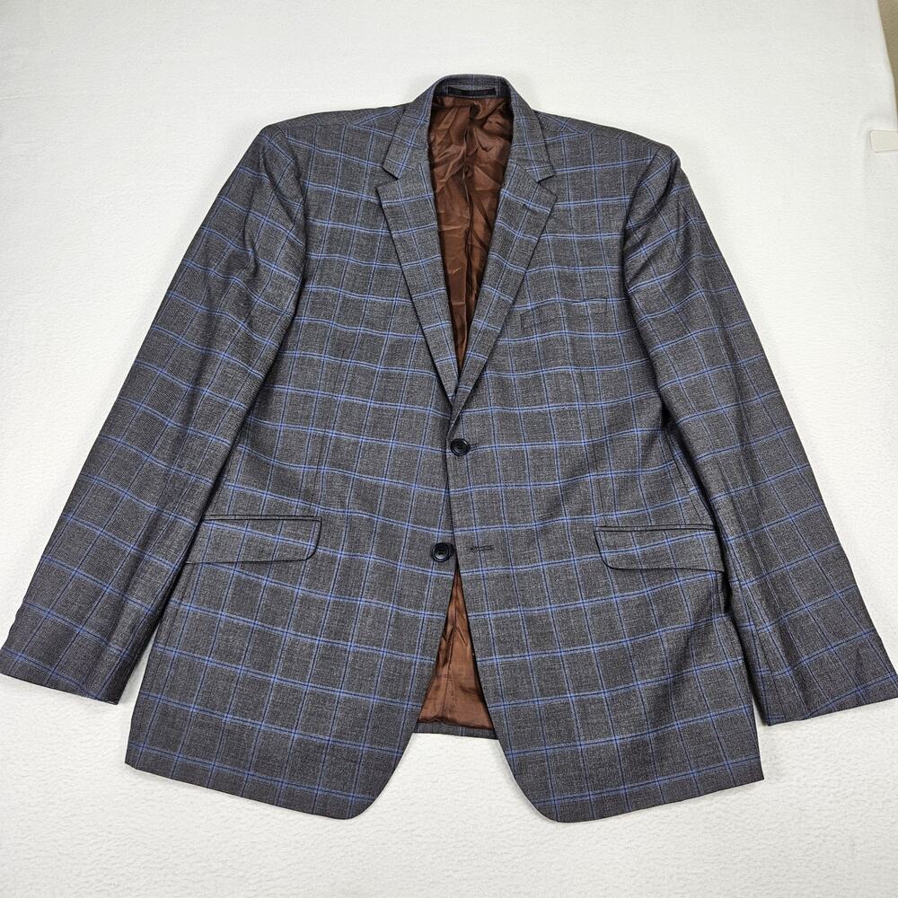 Renoir Glen Plaid Blazer Men 48L Slim Gray Windowpane Stretch Sport Coat Jacket